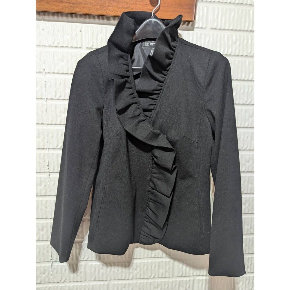 iNC International Concepts Women's Black Solid Ruffle Neck Blazer Jacket Size PS